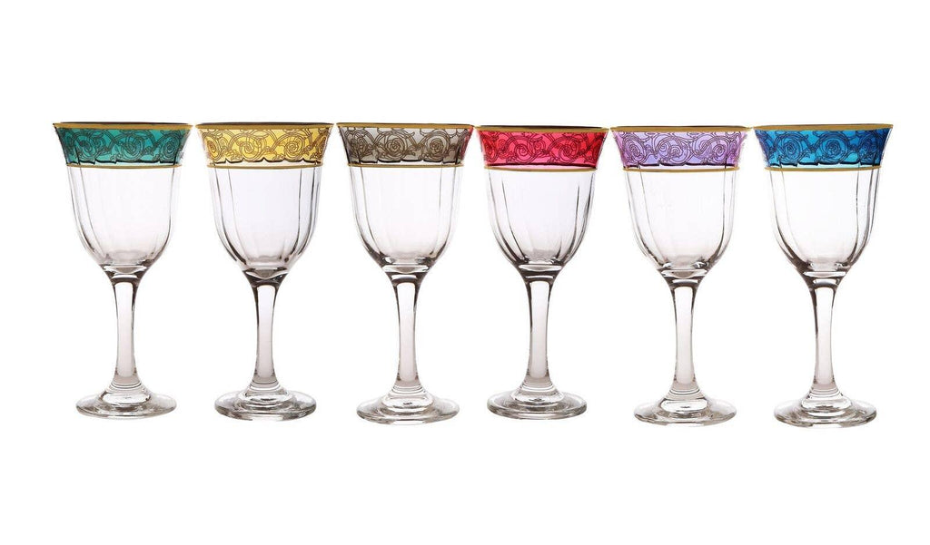 Colored Wine Glasses With Gold Design Set of 6