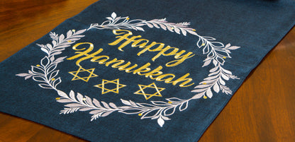 Happy Hanukkah Embroidered Table Runner, 15 by 70-Inch