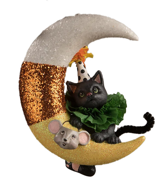 Bethany Lowe Party Cat on Candy Corn Moon Ornament