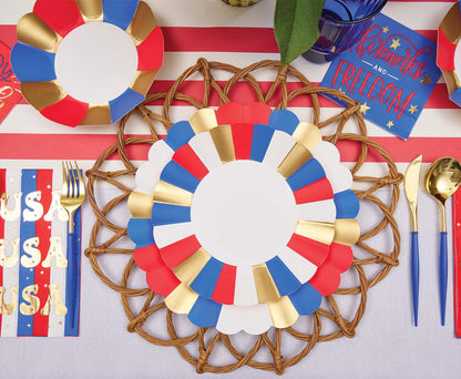Red White Blue Gold Stripe Paper Dessert Plates