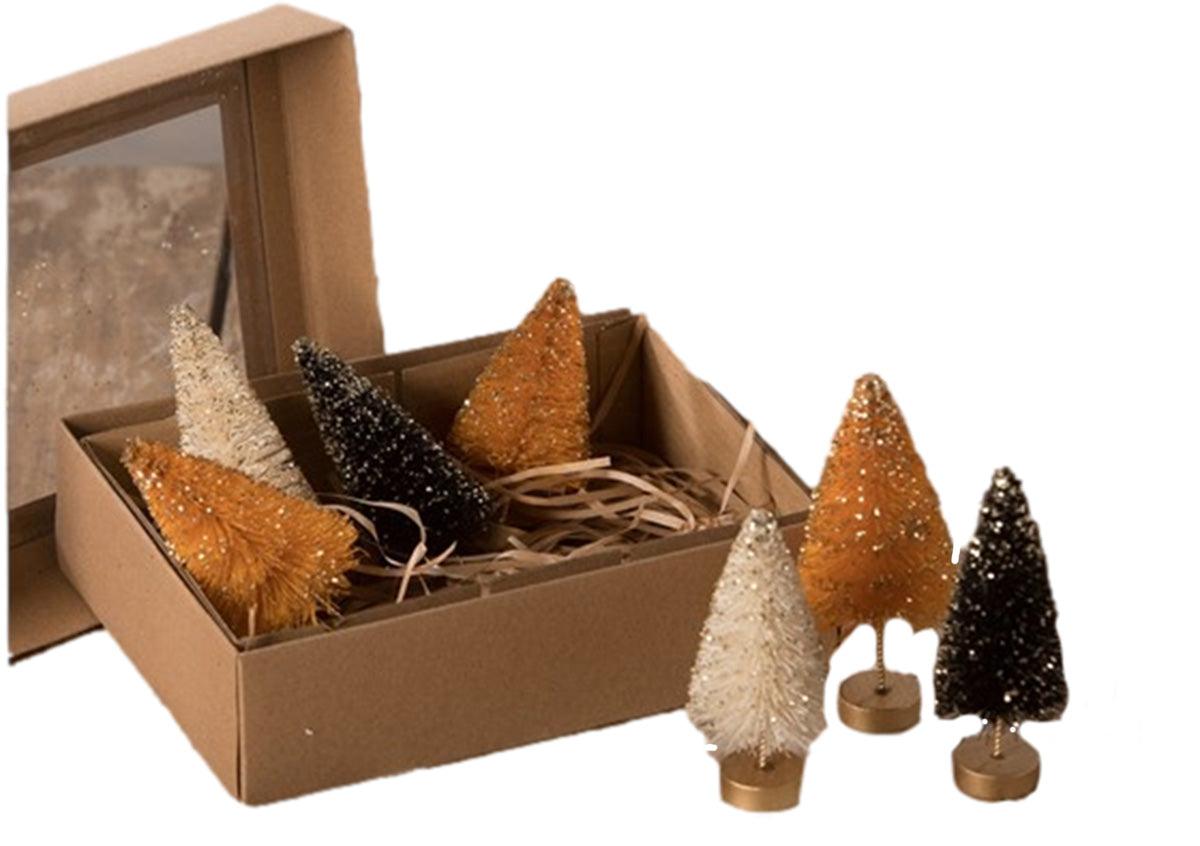 Bethany Lowe Mini Halloween Bottle Brush Trees with Gold Glitter (Set/7)