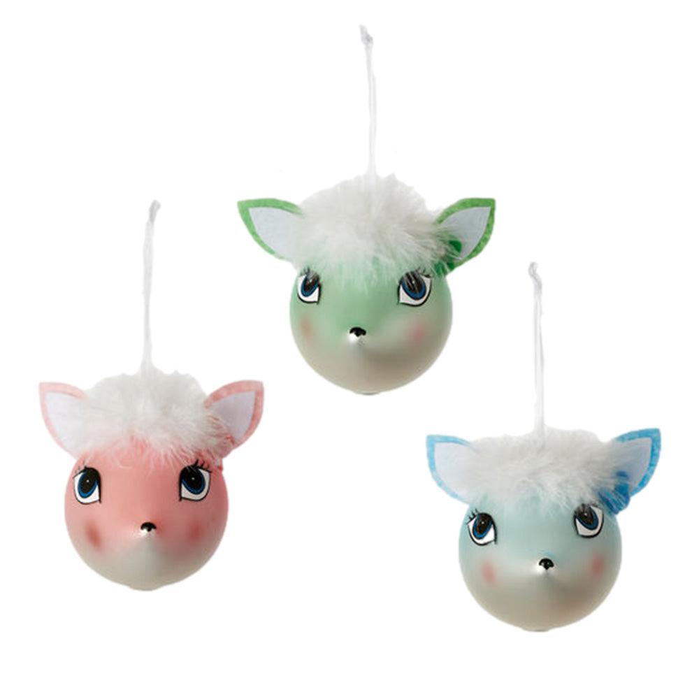 One Hundred 80 Degrees Fuzzy Top Deer Head Ornaments Set/3