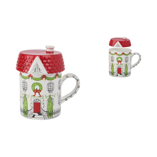 Holiday City House Mug with Red Roof Lid
