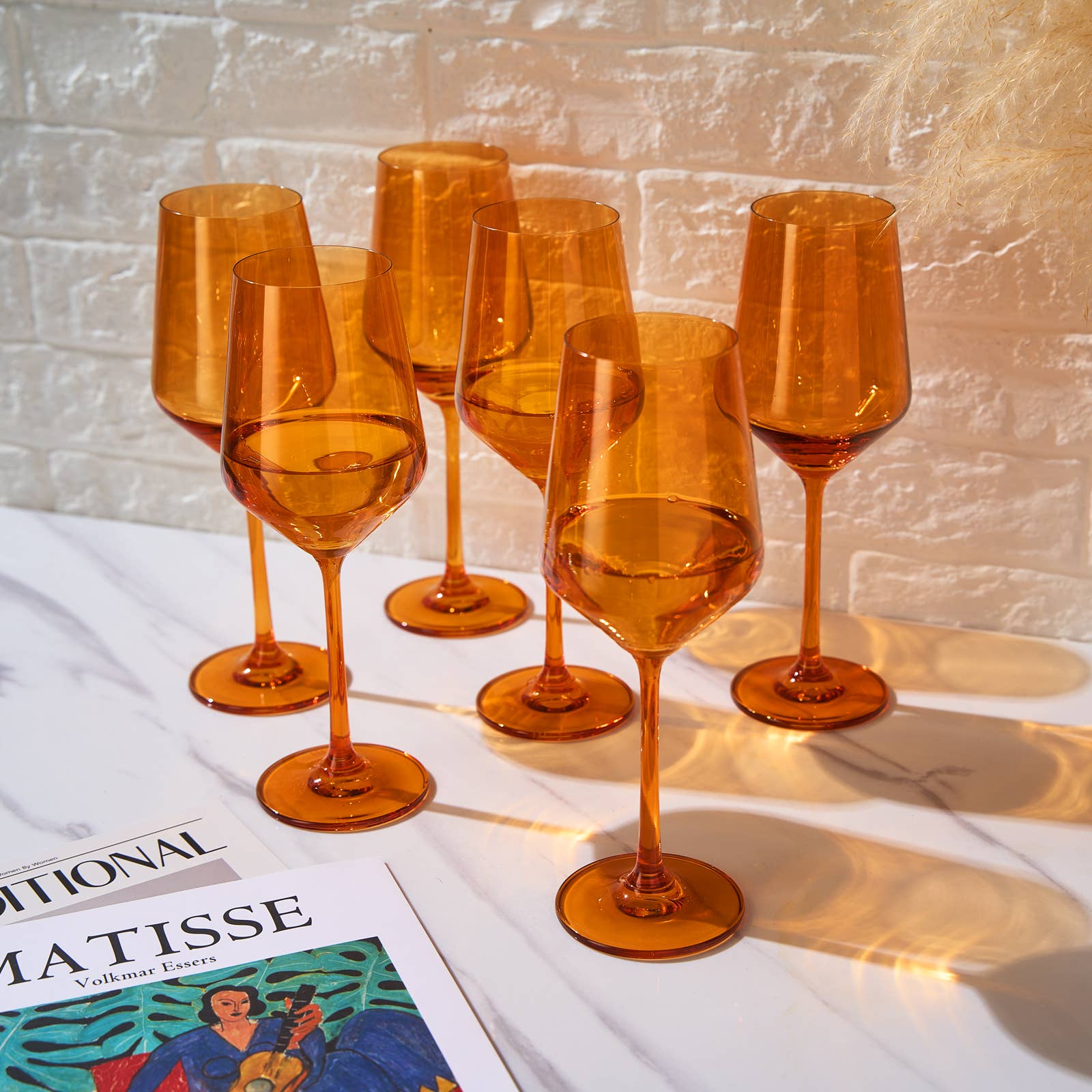 Rhea Stemmed Wine Glassware, Set of 6, Amber