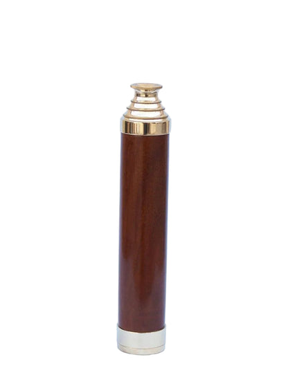Tall cylindrical object with wooden finish and gold accents  