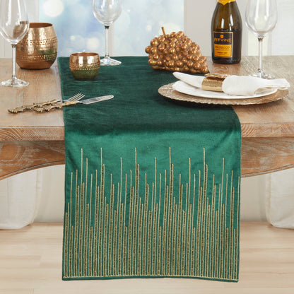 Green Velvet Gold Beaded Lines Table Runner