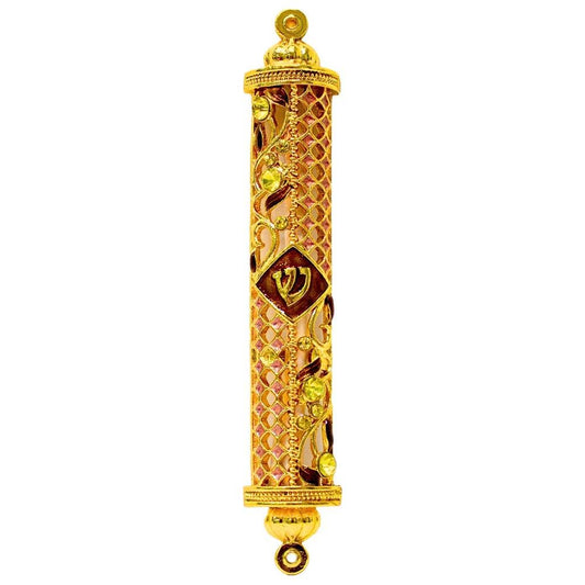 Yellow Jeweled Enamel Mezuzah with Crystals