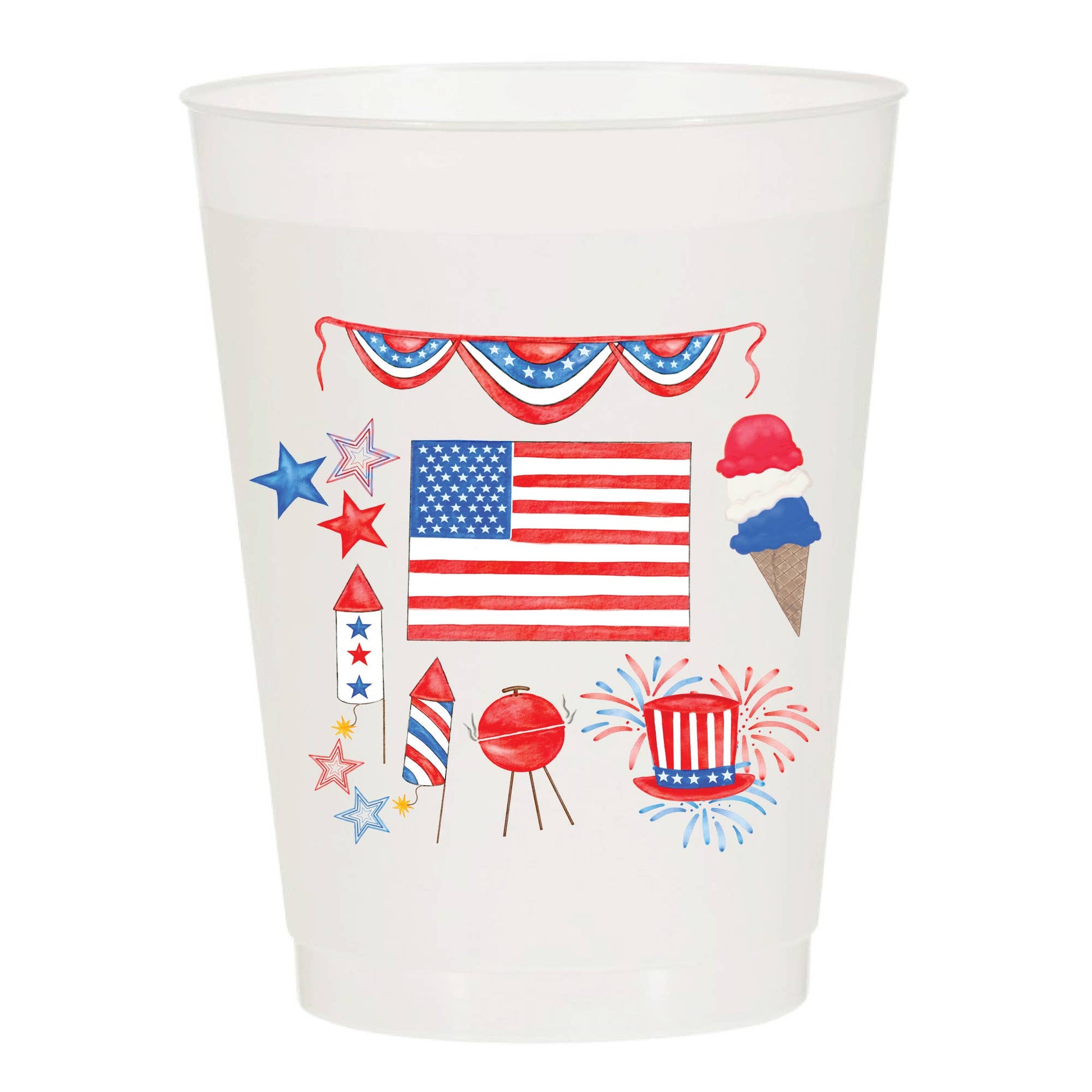 Frosted Plastic cups with an American flag and festive designs  