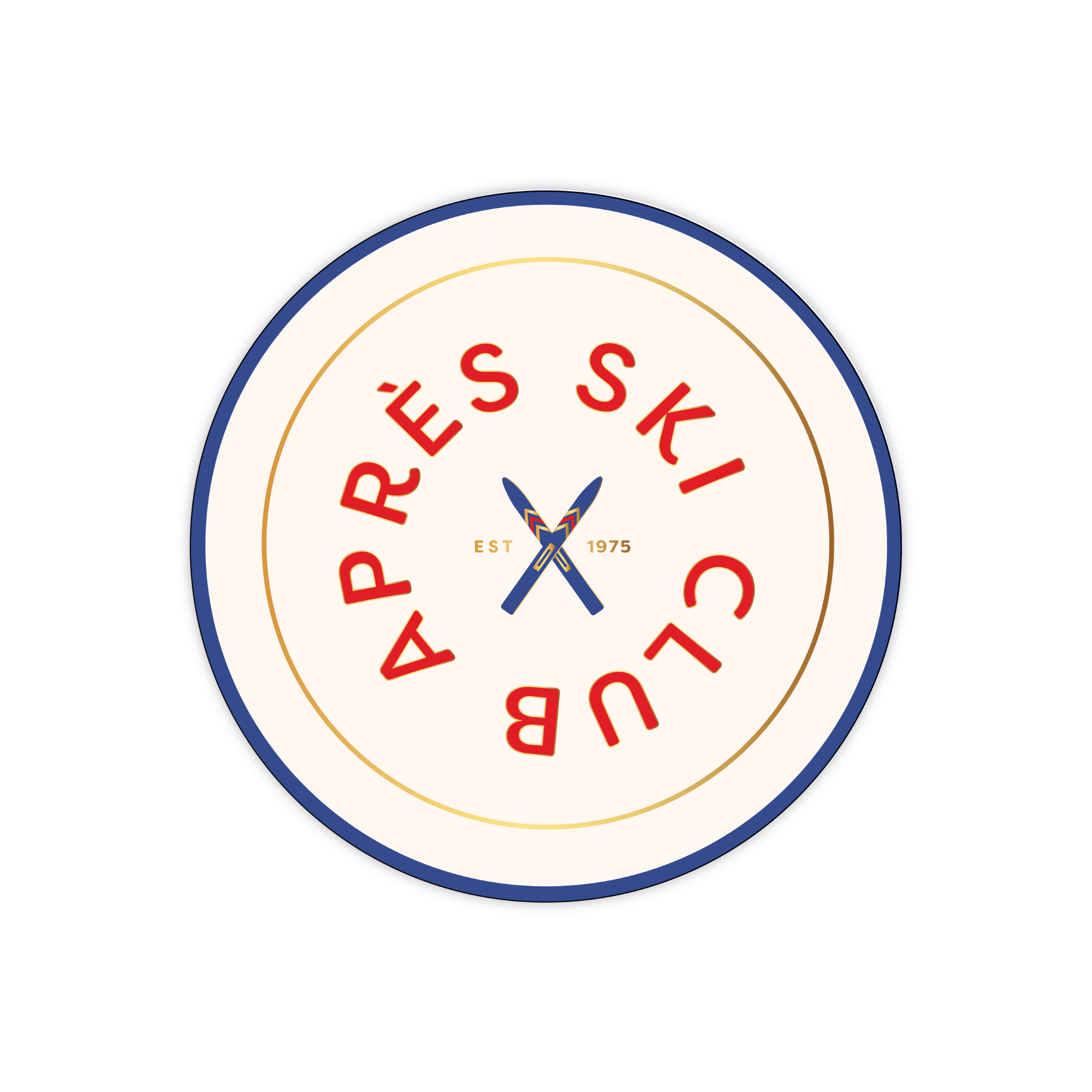 Round paper dessert plates with 'APRèS SKI CLUB' text and skis on a white background