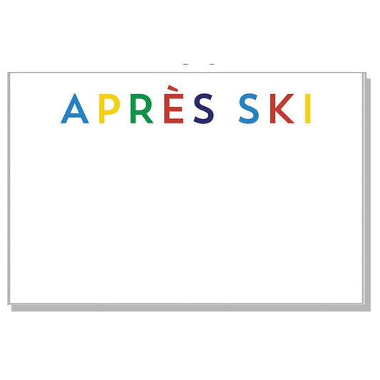 Notepad with colorful 'APRèS SKI' text on a white background