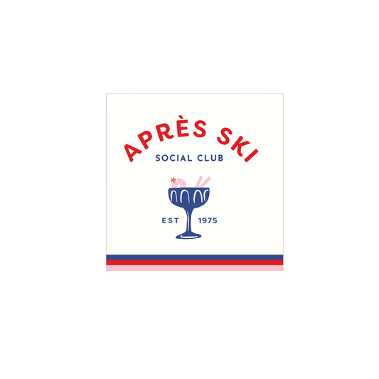 Paper napkins with a logo of Après Ski Social Club with a cocktail glass icon on a white background