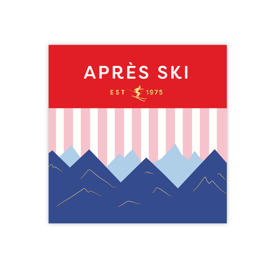 Paper napkins with an Apres Ski logo with red banner and mountains  