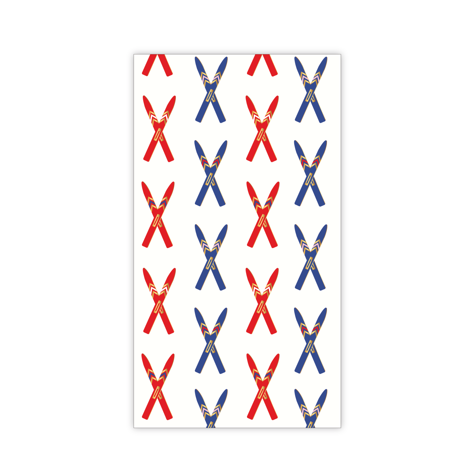 Paper guest napkins imprinted with red and blue skis on a white background