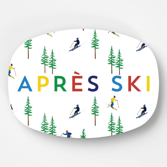 Serving platter with skiers and trees design and 'APRèS SKI' text on a white background