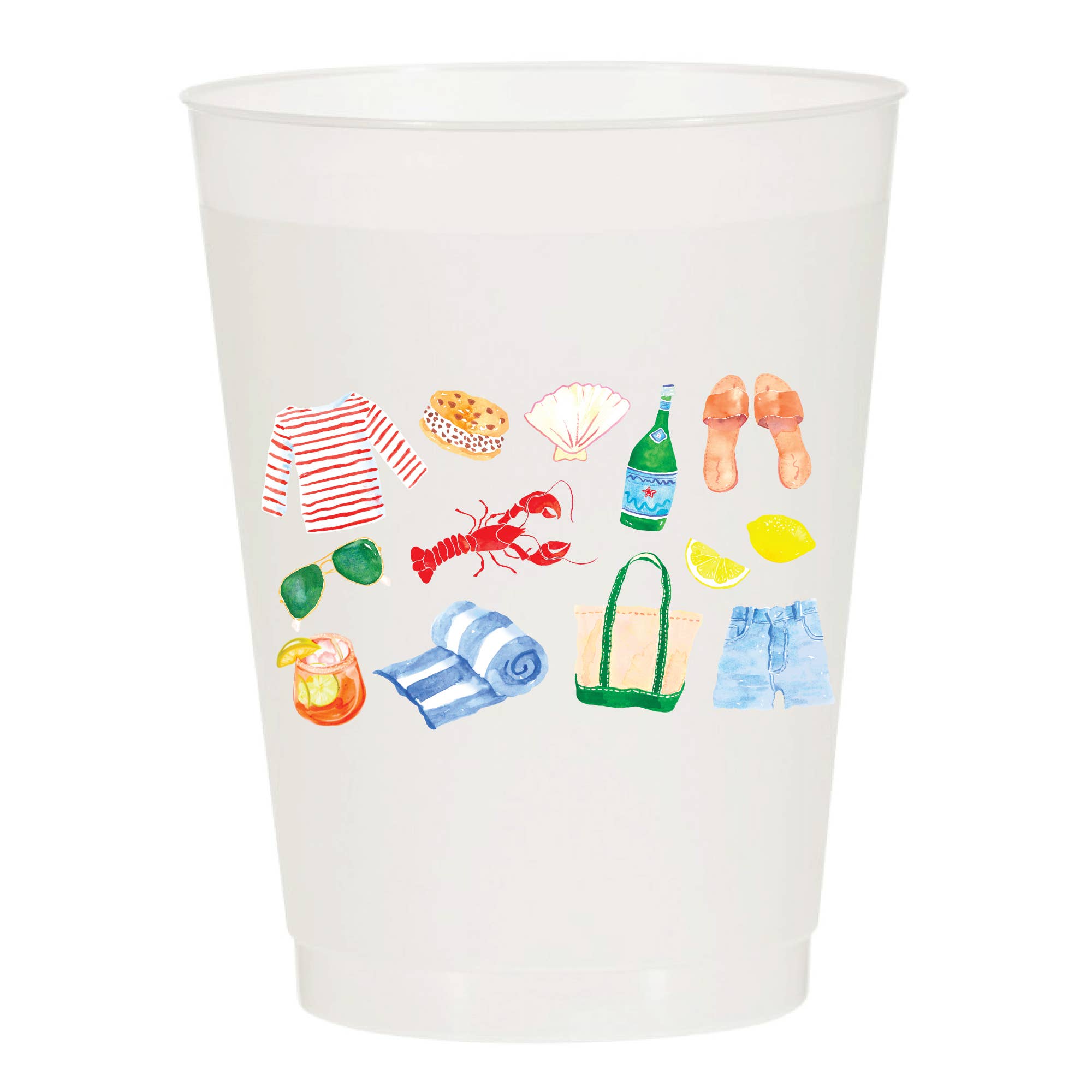 Frosted Plastic cups with colorful beach-themed illustrations  