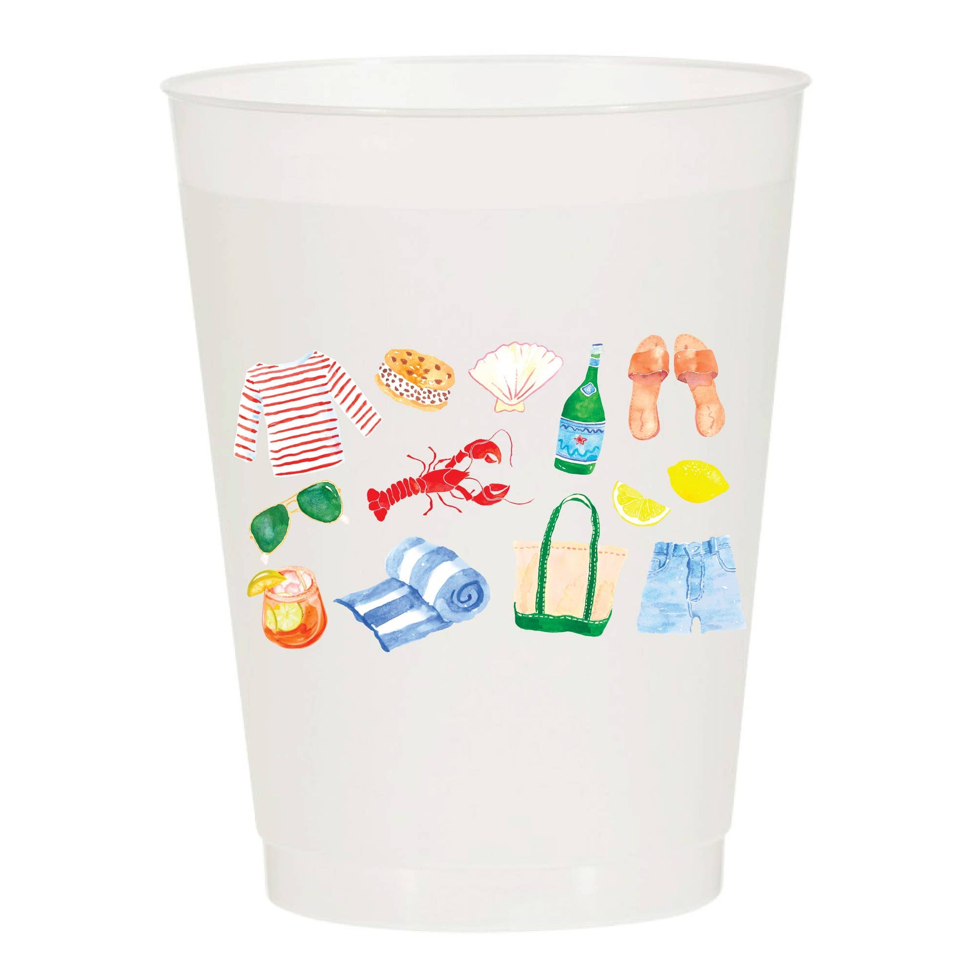Frosted Plastic cups with colorful beach-themed illustrations  