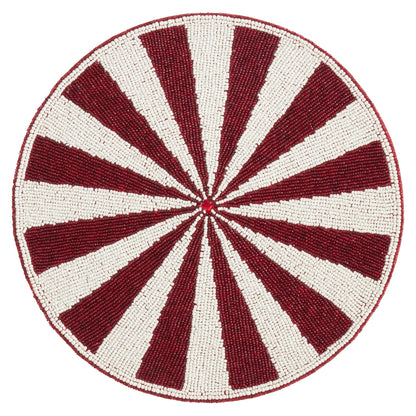 Round red and white patterned beaded placemats in a candy cane design  