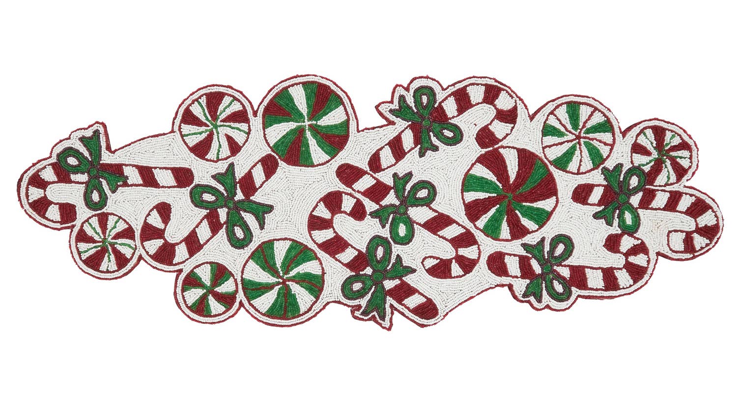 Peppermint and Candy Cane Beaded Table Runner 13" x 36