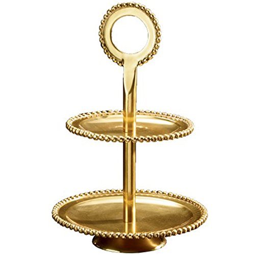 Beaded Polish Gold Metal Two Tier Serving Stand