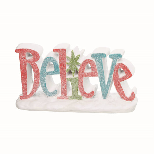 Decorative sign with 'Believe' in colorful letters  