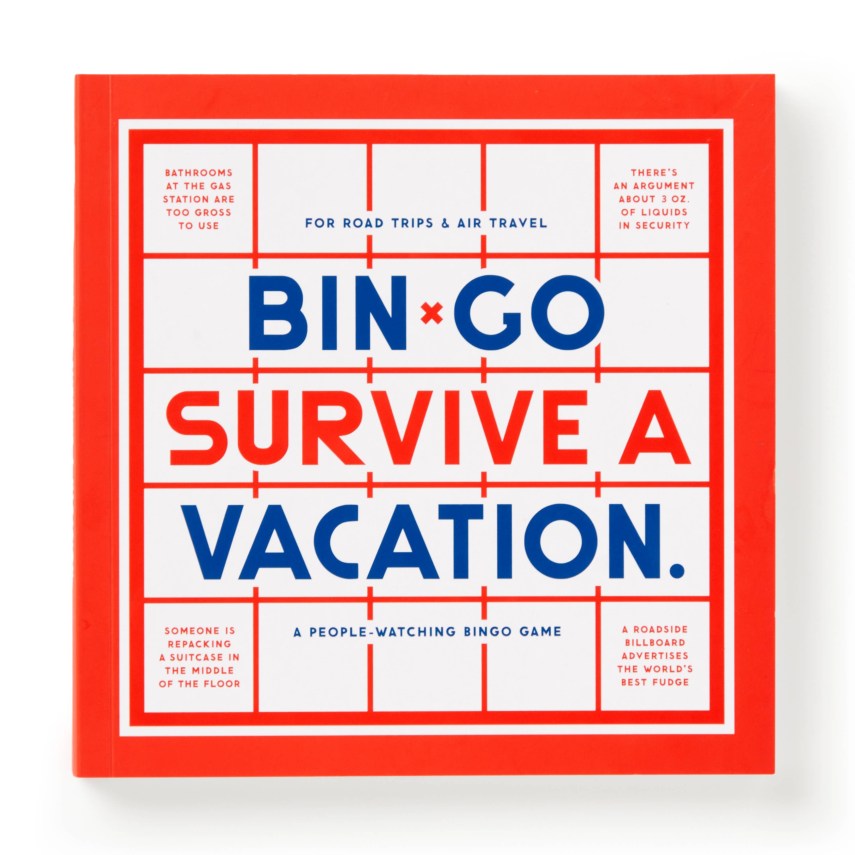 A red and blue bingo game cards titled 'Bin-Go Survive a Vacation' with text and graphics related to travel and vacation themes.