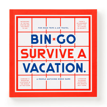 A red and blue bingo game cards titled 'Bin-Go Survive a Vacation' with text and graphics related to travel and vacation themes.