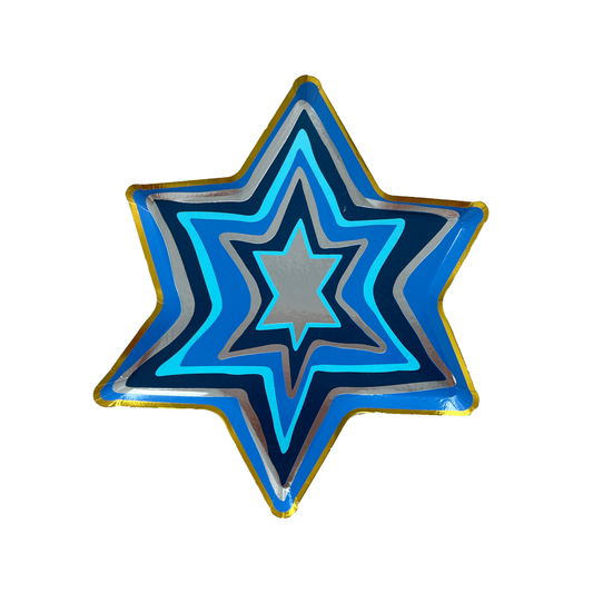 Paper plates in the shape of a Star of David. Decorated with gold and silver foil. 