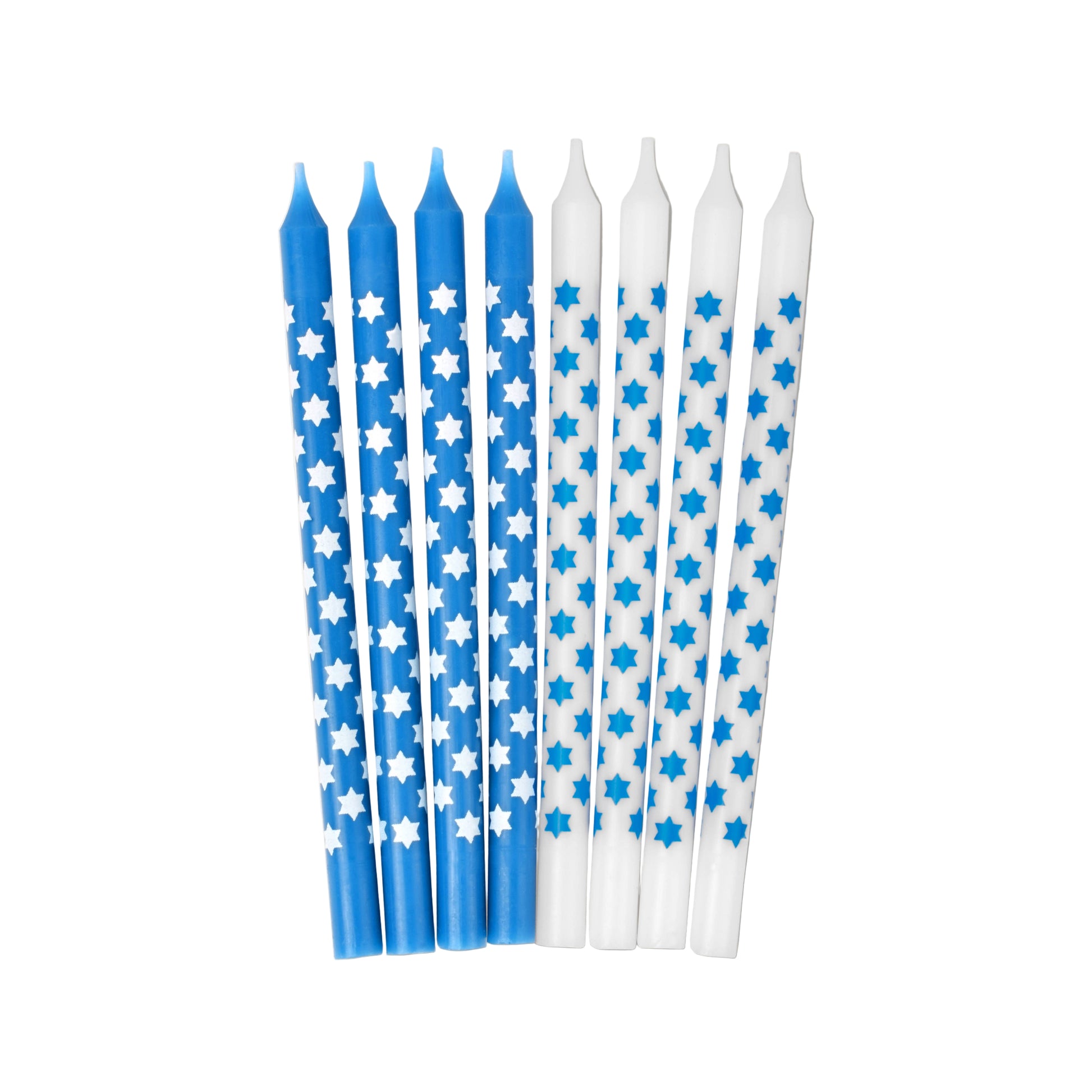 Package of blue and white candles with star of david patterns 