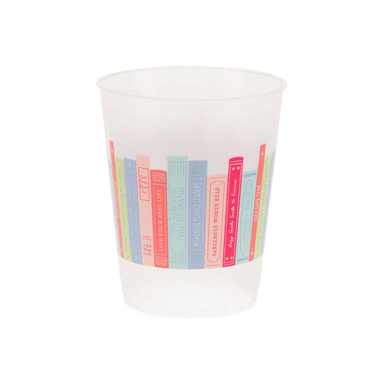 Frosted plastic cup with colorful book spine design  