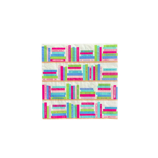 Dinner paper napkins designed with a colorful pattern of books 