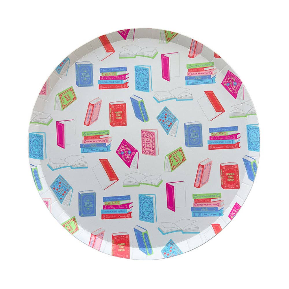 Round paper plate with colorful book pattern  