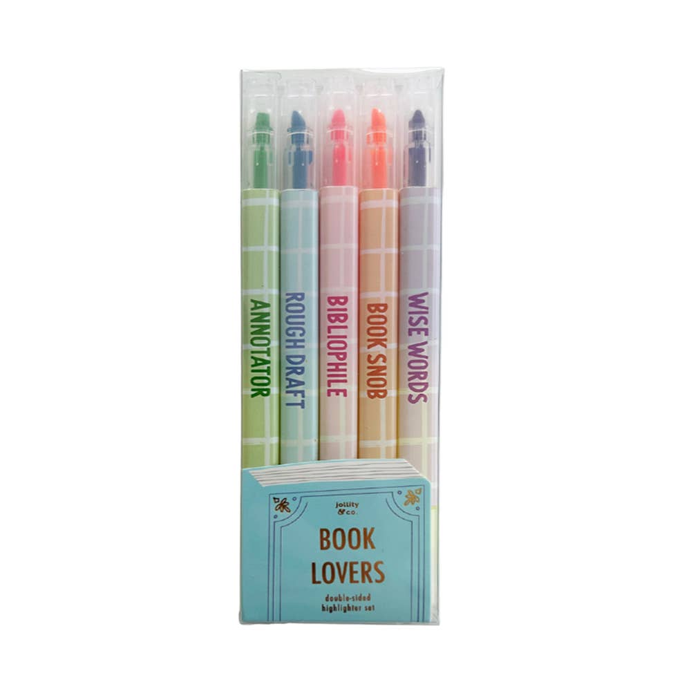Set of colorful highlighters in a clear packaging that resembles a book with the text Book Lovers