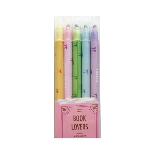 Set of pastel-colored highlighters in a pink packaging labeled 'Book Lovers'.