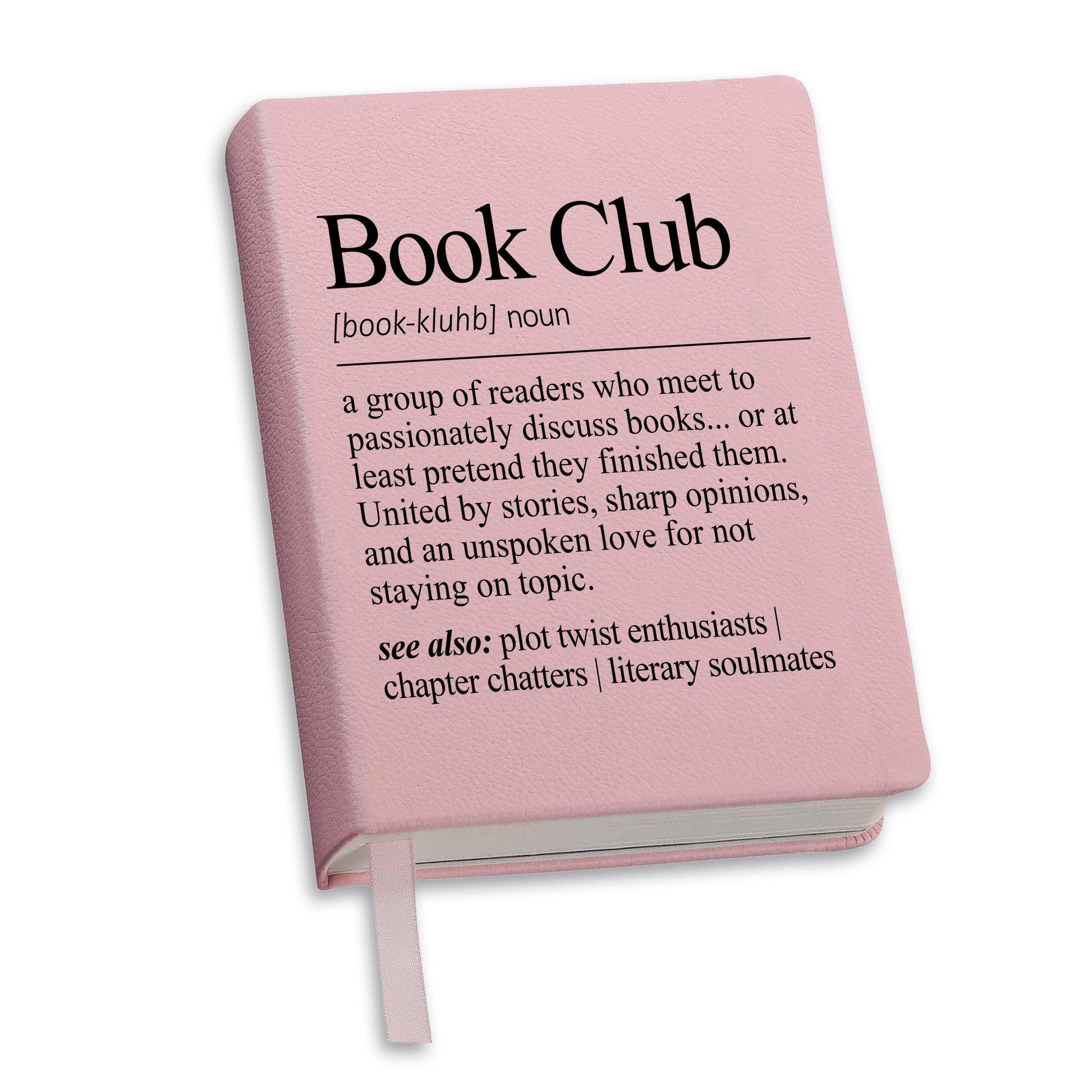 Leather lined pink journal with 'Book Club' definition text   