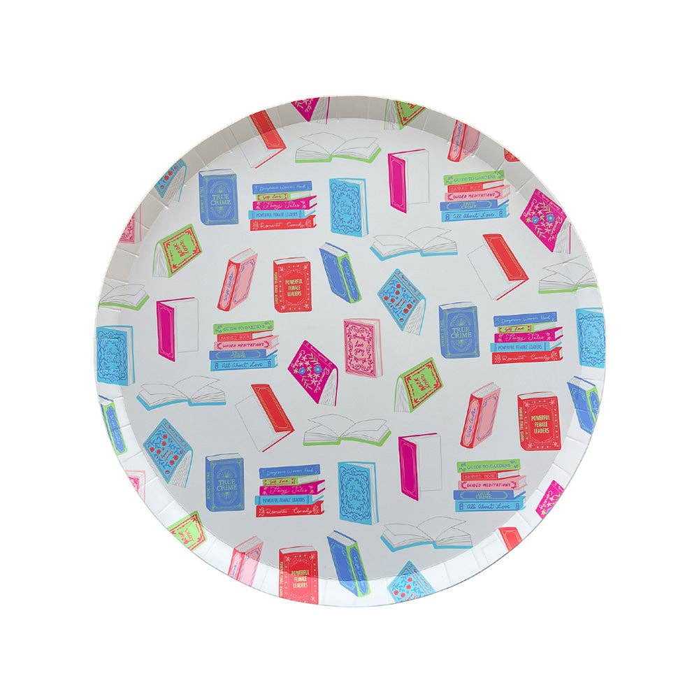 Round paper dessert plates with colorful book pattern