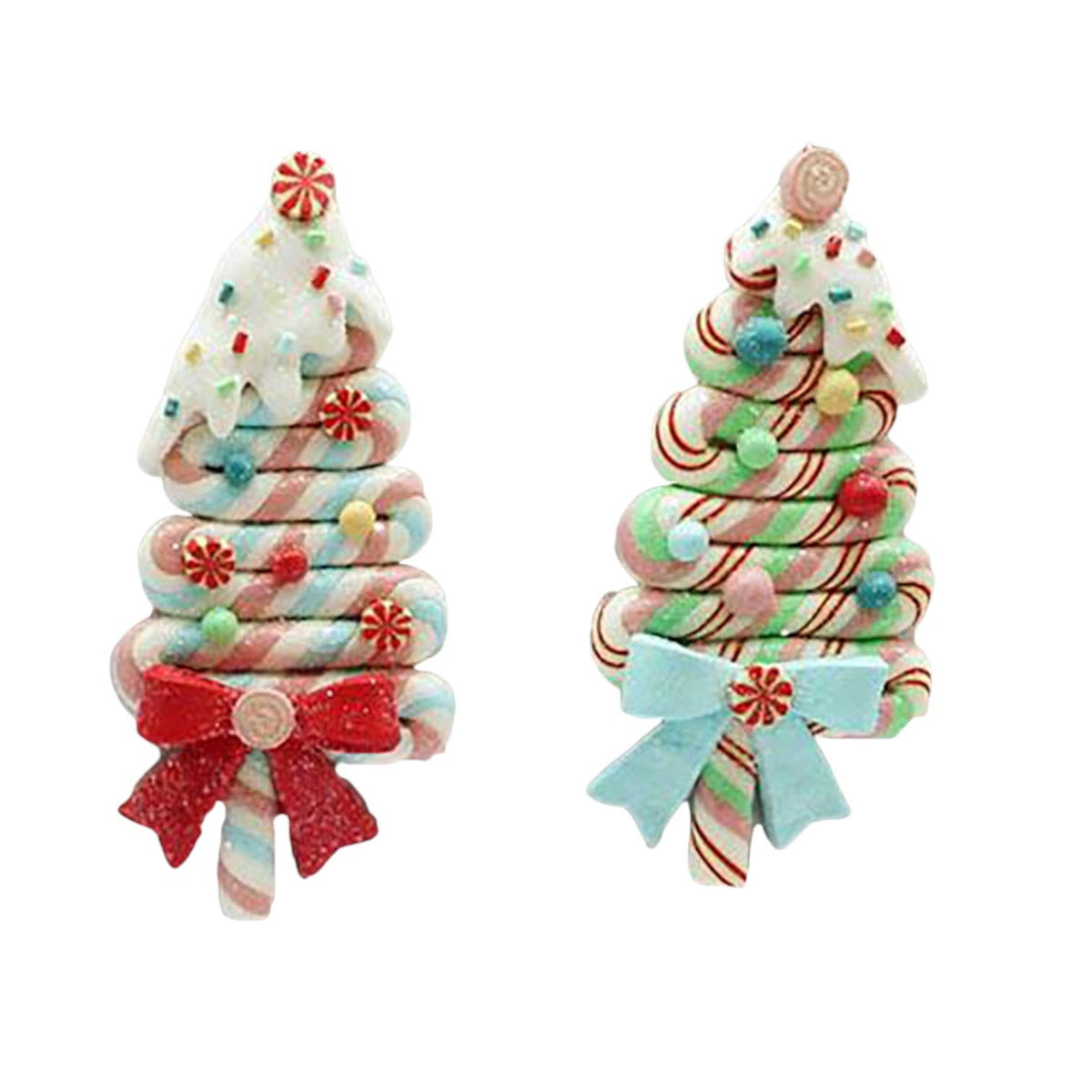 Two ornaments resembling candy cane multicolor Christmas trees.  