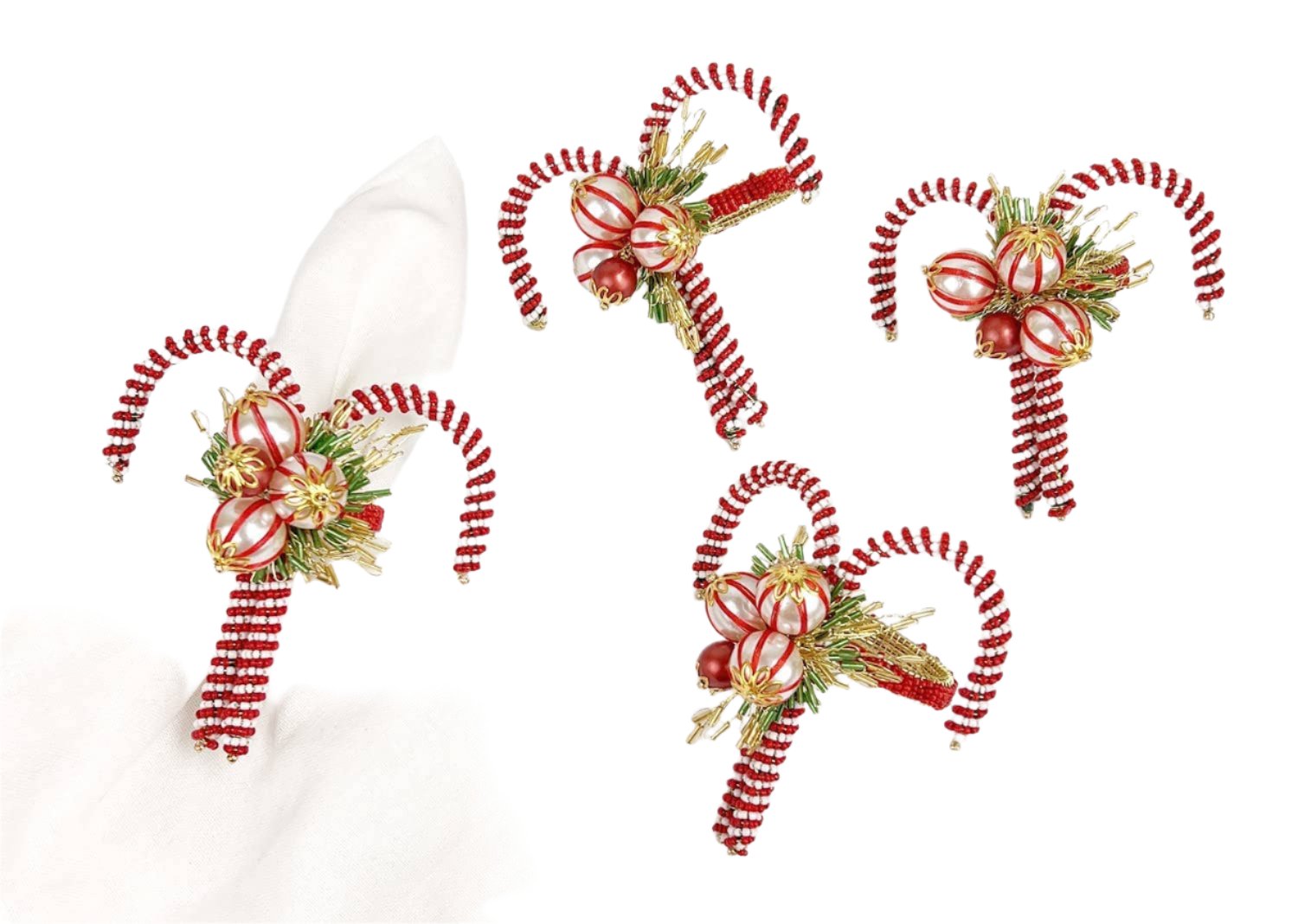 Hand-Beaded Candy Cane Napkin Rings Set of 4
