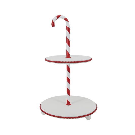 Pedestal serving tray that has a candy cane pattern