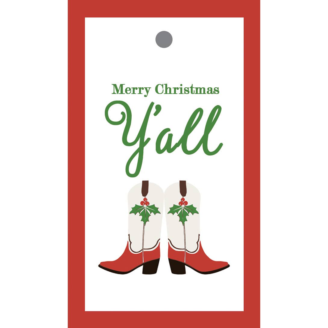Christmas gift tag with red and white cowboy boots and 'Merry Christmas Y'all' text.
