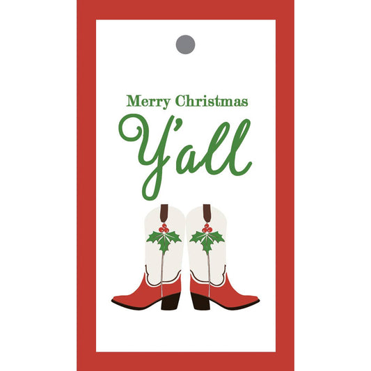 Christmas gift tag with red and white cowboy boots and 'Merry Christmas Y'all' text.