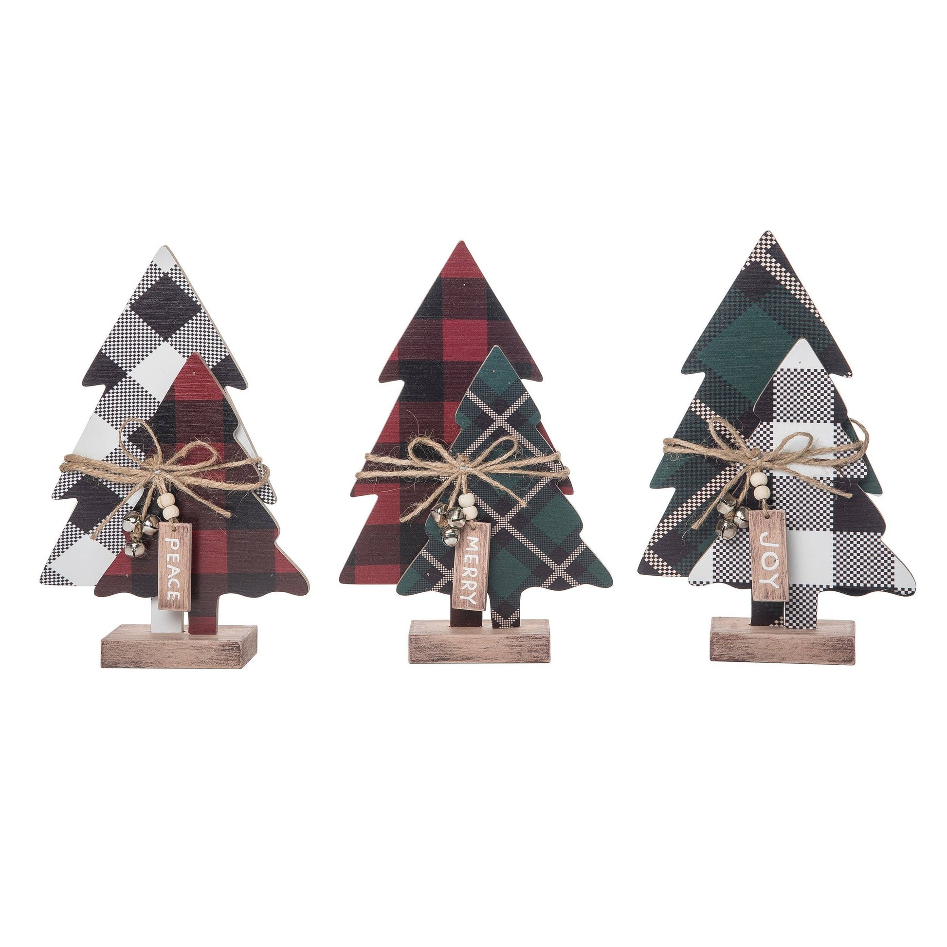 Three plaid pattern decorative tabletop Christmas trees  with a silver jingle bell adornment