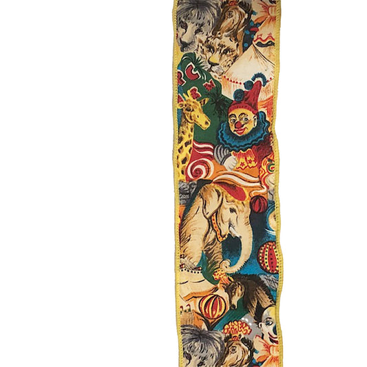 Fabric ribbon with a dense multicolor circus and animal illustration print on a cream background 