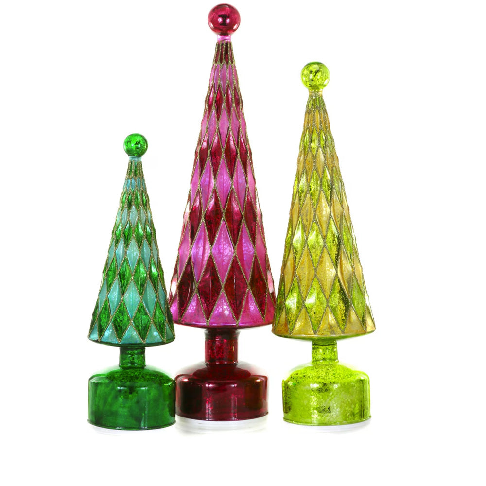 Three small, colorful, textured glass Christmas tabletop trees in a diamond pattern in green, pink, and yellow.