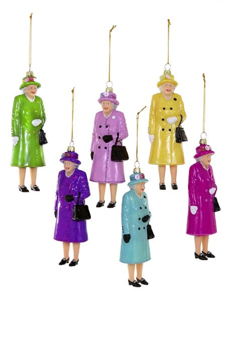 A set of six holiday ornaments depicting Queen Elizabeth II in various bright colors.