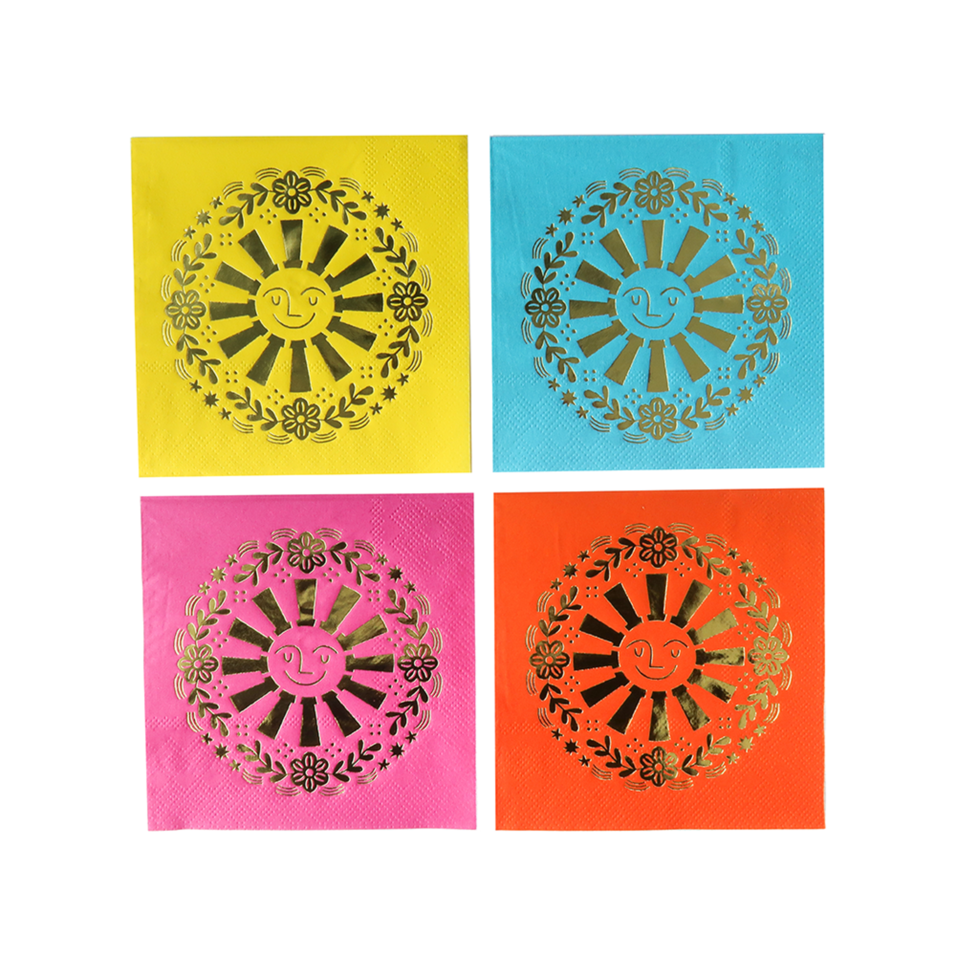 Four colorful napkins with sun designs  