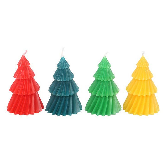 Four colorful Christmas tree-shaped candles 