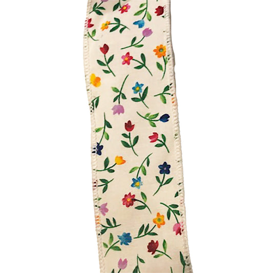 Cream-colored fabric ribbon featuring a delicate, all-over floral pattern with green stems and leaves and small flowers in red, yellow, blue, and purple 