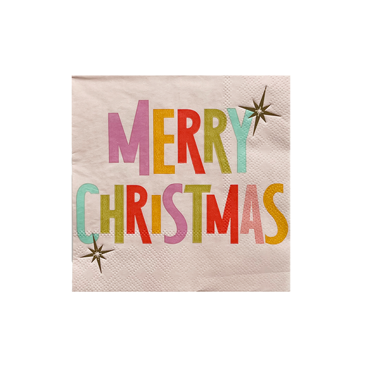 Beverage napkin with 'Merry Christmas' text in colorful letters on a beige background