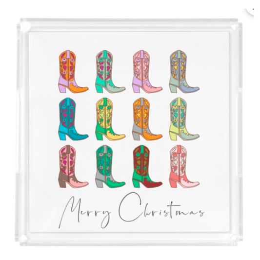 Acrylic tray with colorful patterned boots arranged in a grid with 'Merry Christmas' text.