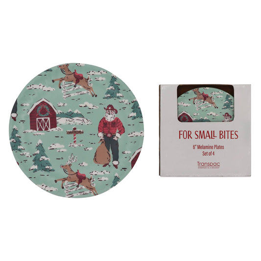 Melamine appetizer plates with a western theme and cowboy Santa design